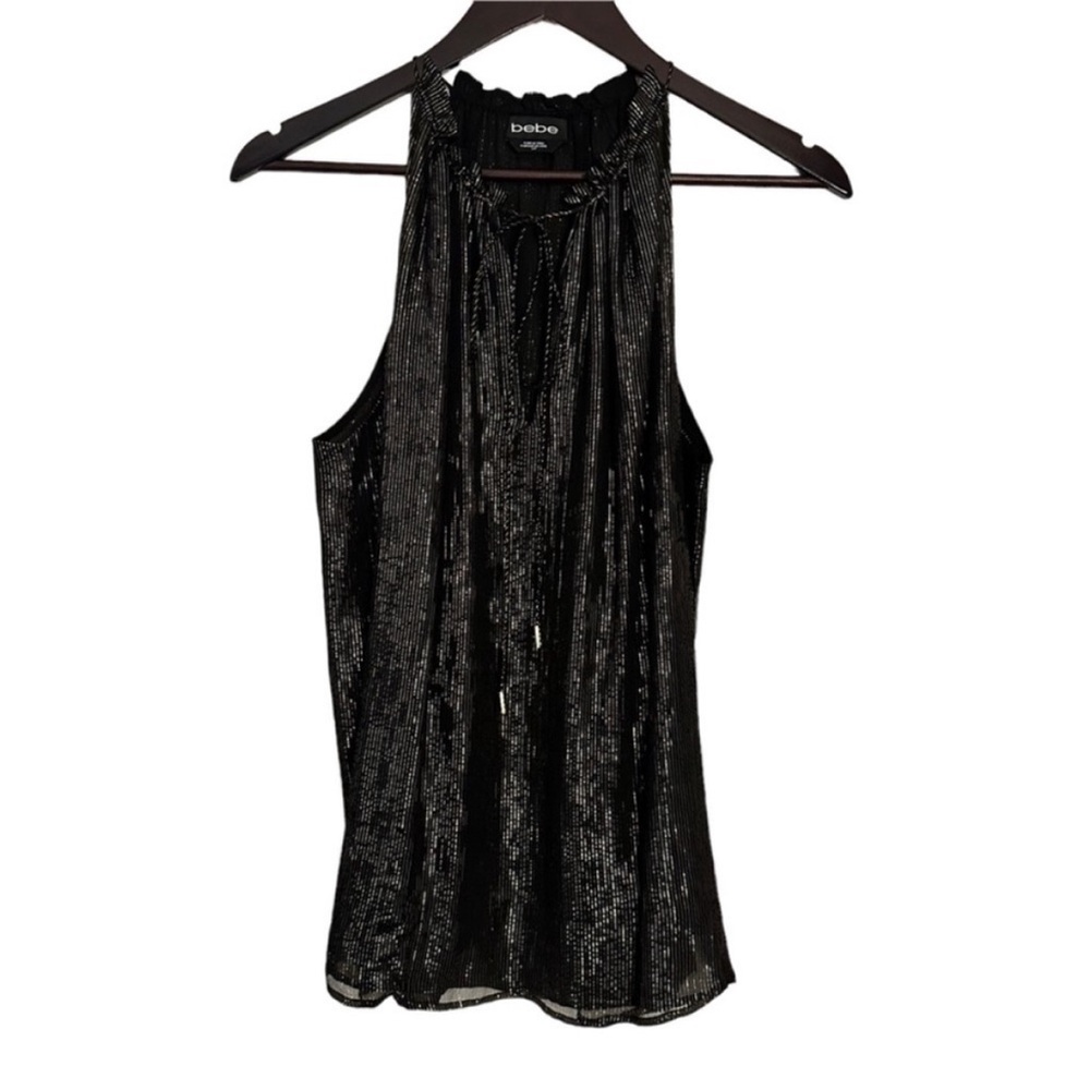 Bebe black and gold metallic tank blouse with neck tie S like new - Picture 2 of 8